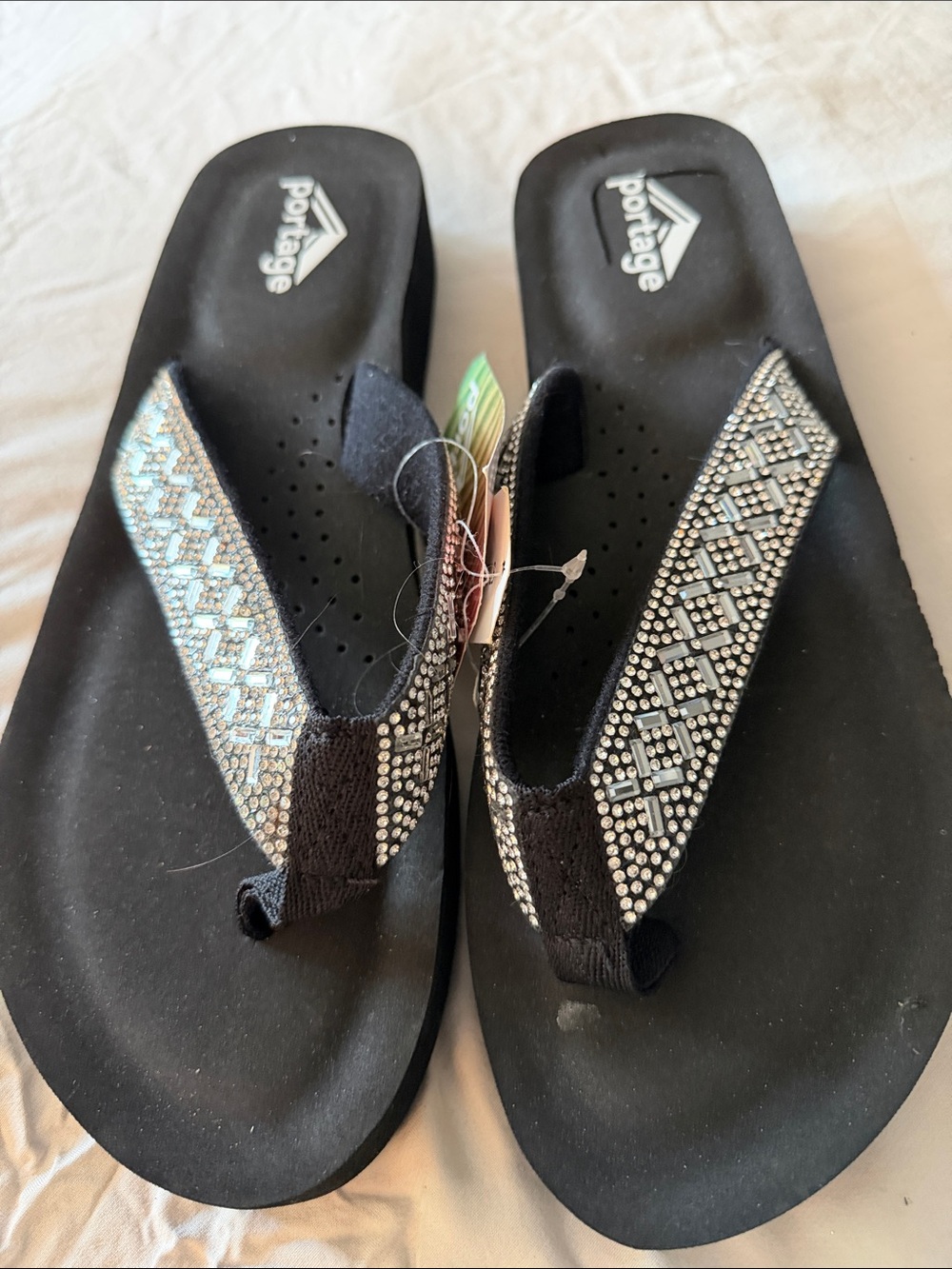 Black Crystal-Detail Thong Sandals